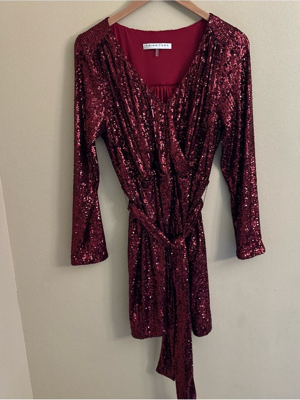 Trina Turk burgundy red sequin wrap dress size 8 long sleeve matching belt